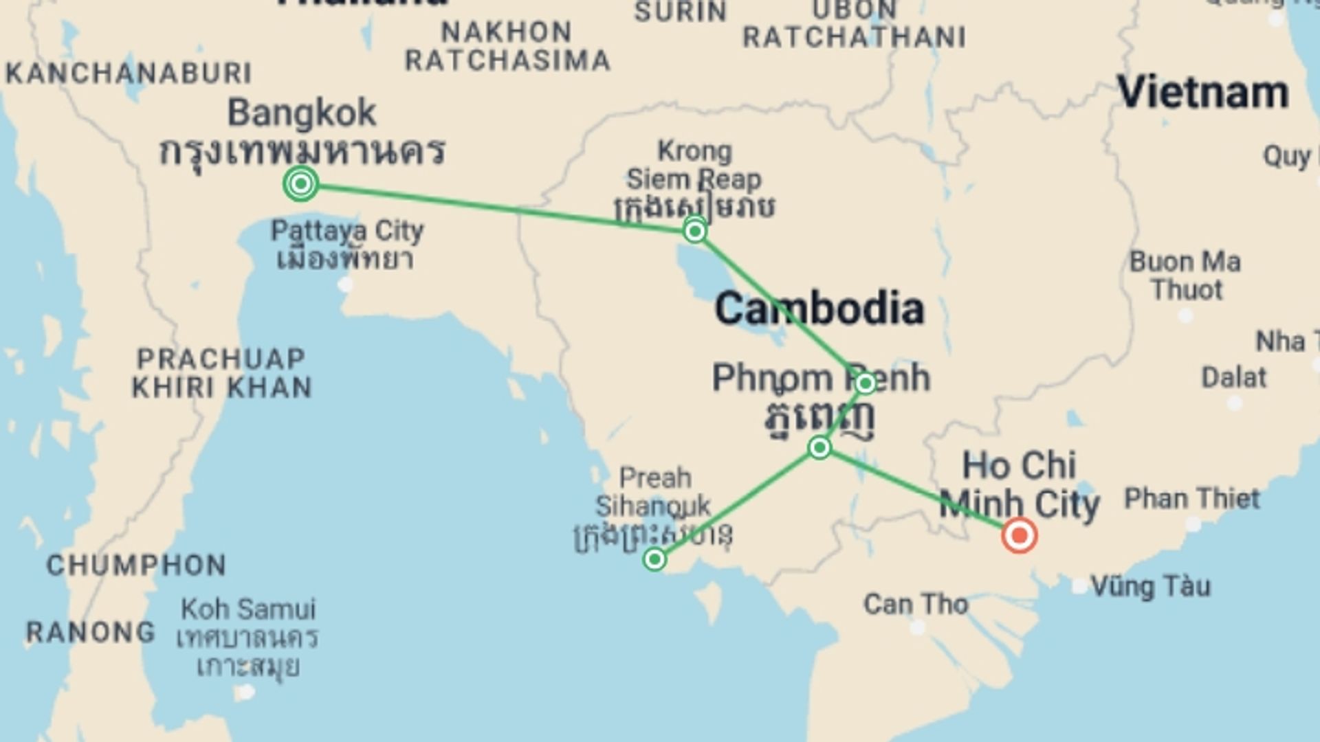 A map showing the tour itinerary for the trip: 12 Days Cambodia Basic from Bangkok to Saigon, starting in Bangkok, Thailand and ending in Ho Chi Minh City, Vietnam going through 5 other destinations.