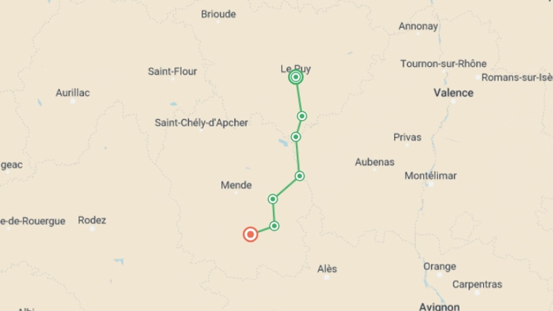 A map showing the tour itinerary for the trip: Stevenson's Trail: The Cevennes - 8 Days, starting in Le Puy-en-Velay, France and ending in Florac, France going through 7 other destinations.