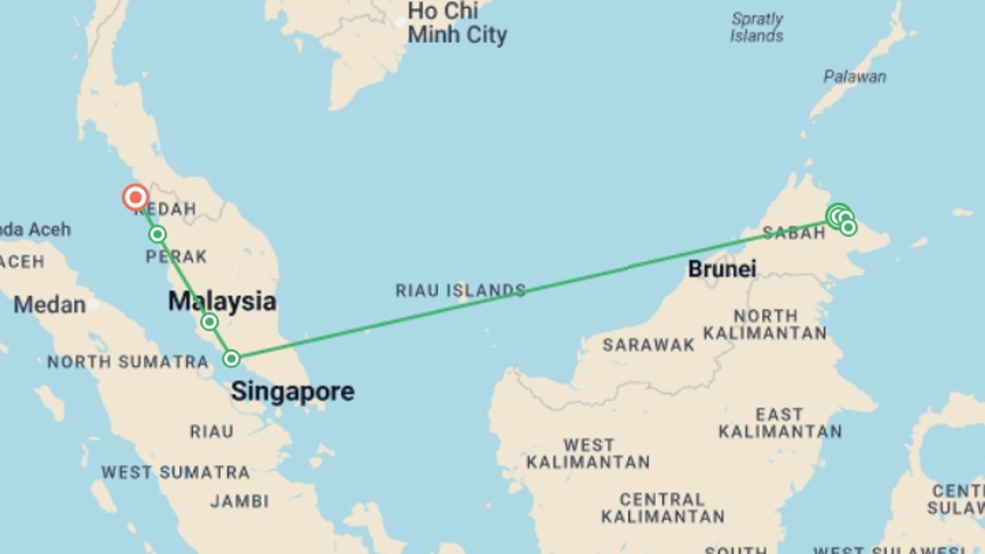 A map showing the tour itinerary for the trip: Borneo & the Malaysian Peninsula, starting in Sepilok, Malaysia and ending in Langkawi, Malaysia going through 5 other destinations.