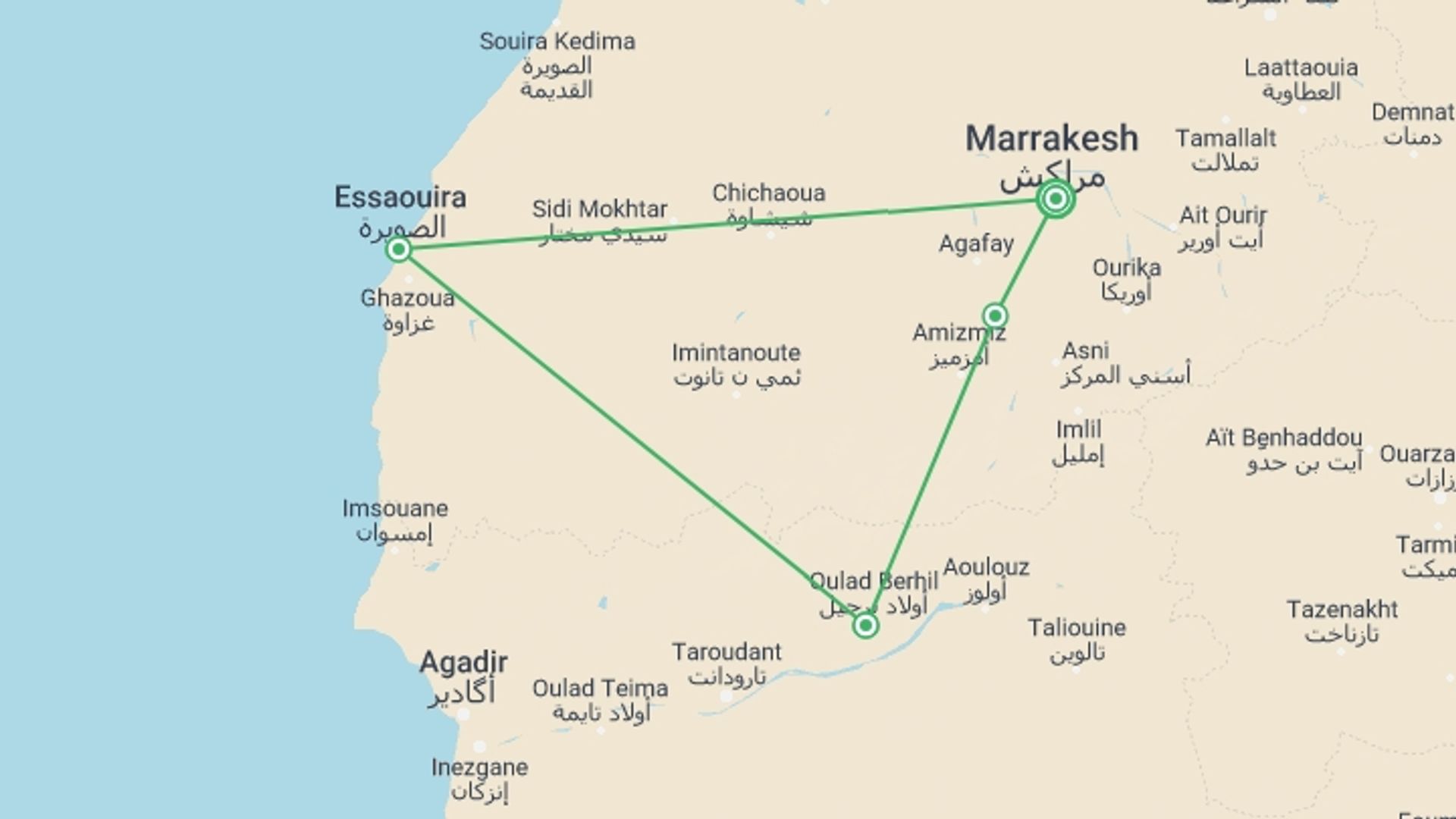 A map showing the tour itinerary for the trip: Walking in Morocco - Atlas to Atlantic, starting in Marrakech, Morocco and ending in Marrakech, Morocco going through 3 other destinations.