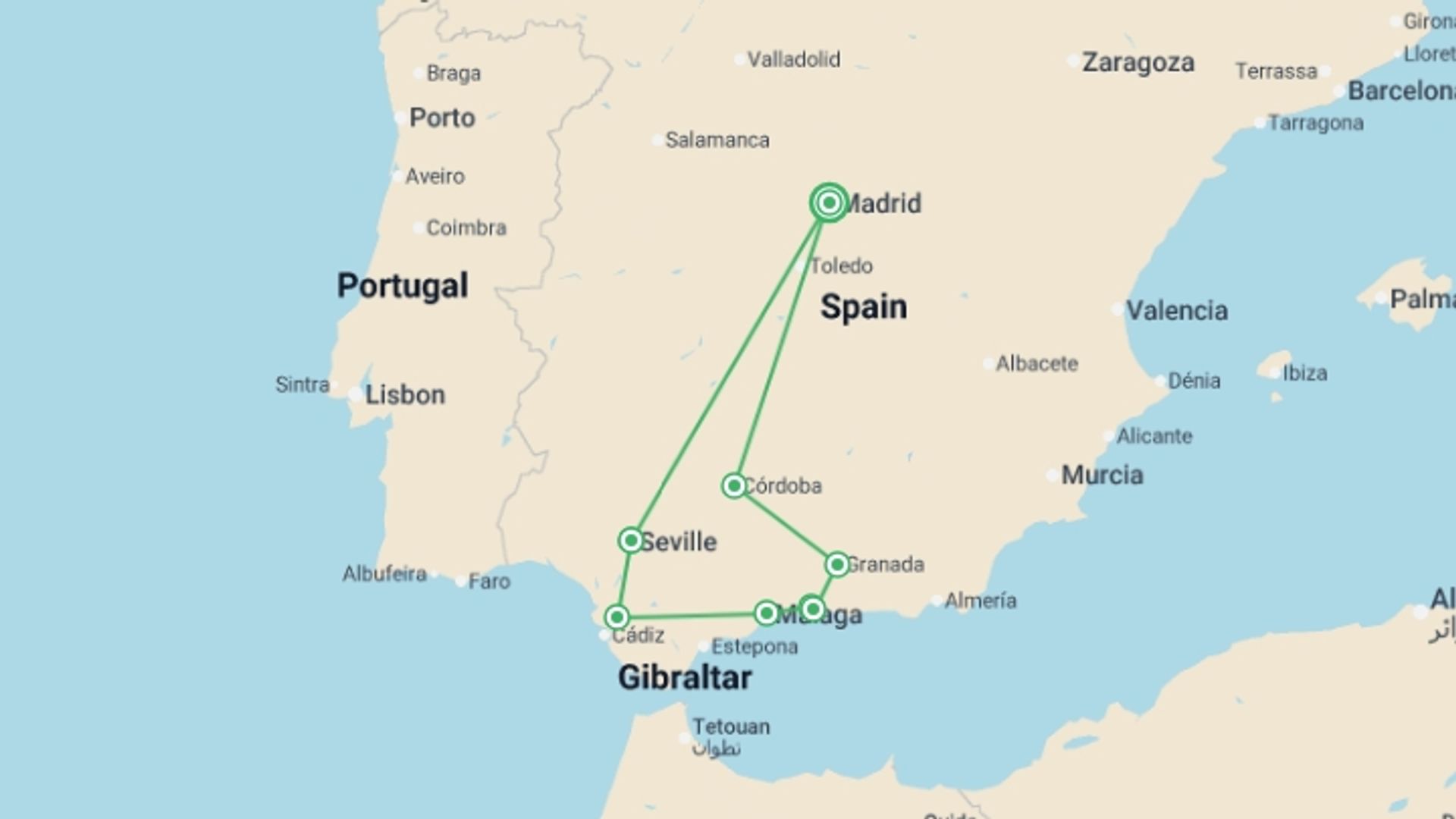 A map showing the tour itinerary for the trip: Andalusian Soul, starting in Madrid, Spain and ending in Madrid, Spain going through 5 other destinations.