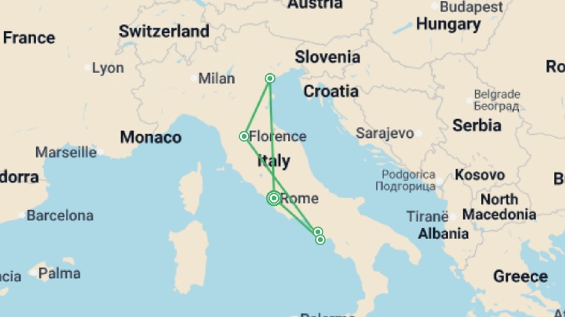 A map showing the tour itinerary for the trip: Real Italy, starting in Rome, Italy and ending in Rome, Italy going through 4 other destinations.
