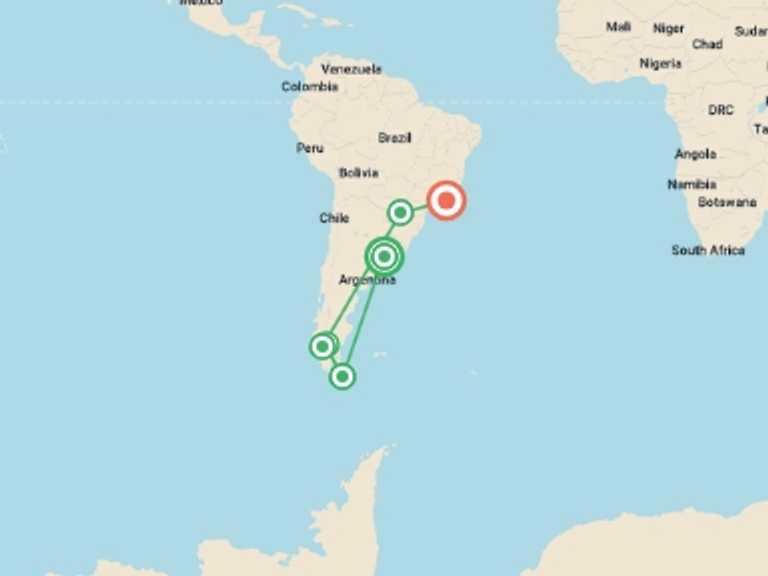 Map itinerary of Ushuaia Tour in December 2025 with 11 destination visits for the trip: 15-Day Patagonia to Rio De Janeiro Tour