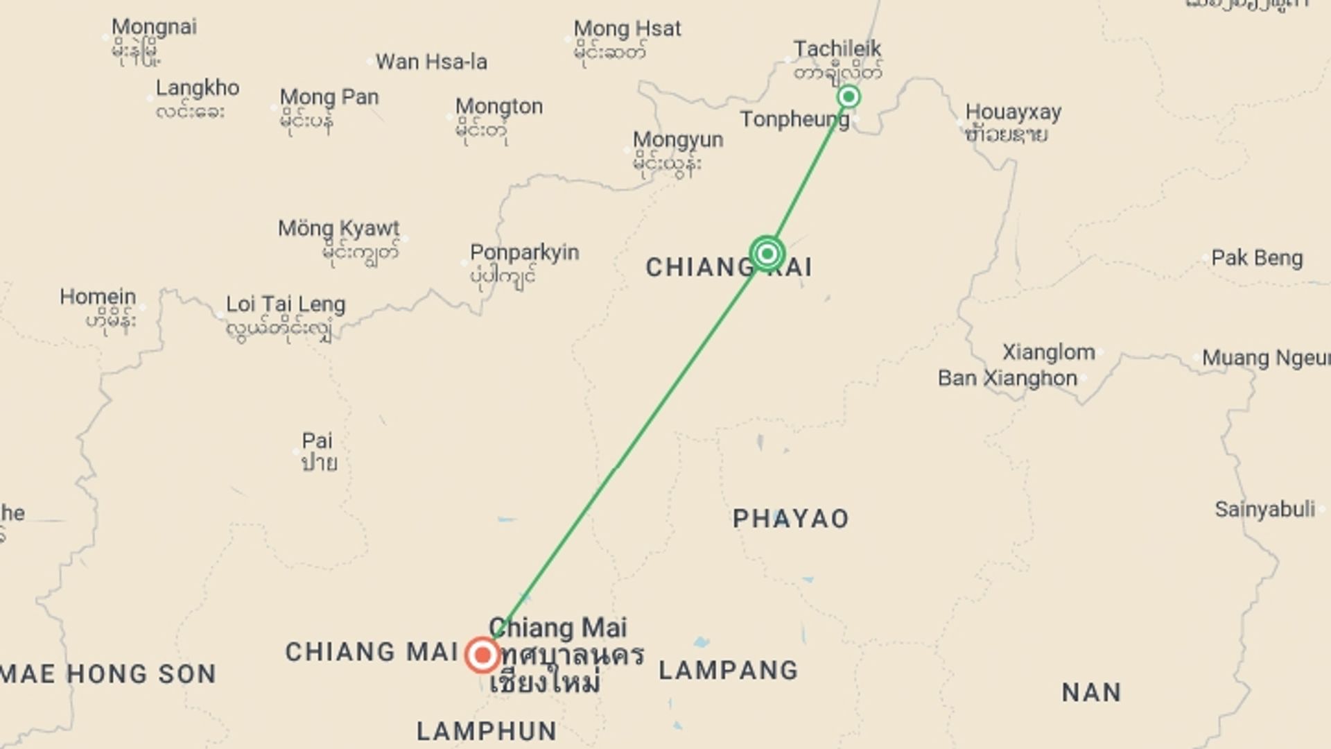 A map showing the tour itinerary for the trip: The Best Of North Thailand, Small Group Tour (other Languages), starting in Mueang Chiang Rai, Thailand and ending in Chiang Mai, Thailand going through 1 other destinations.