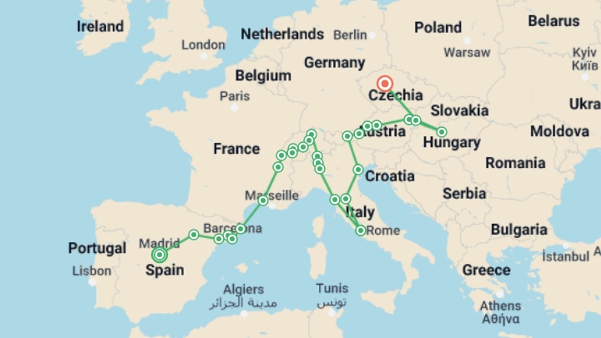 A map showing the tour itinerary for the trip: A European Journey from Madrid to Prague, starting in Madrid, Spain and ending in Prague, Czech Republic going through 13 other destinations.