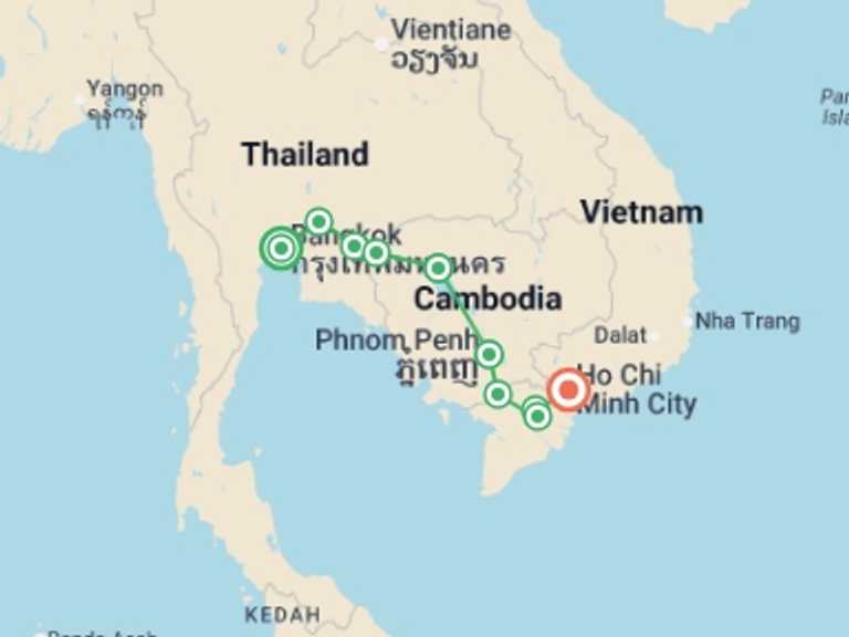 Map of Indochina Tour with 9 destination visits for the trip: Cycle Southeast Asia