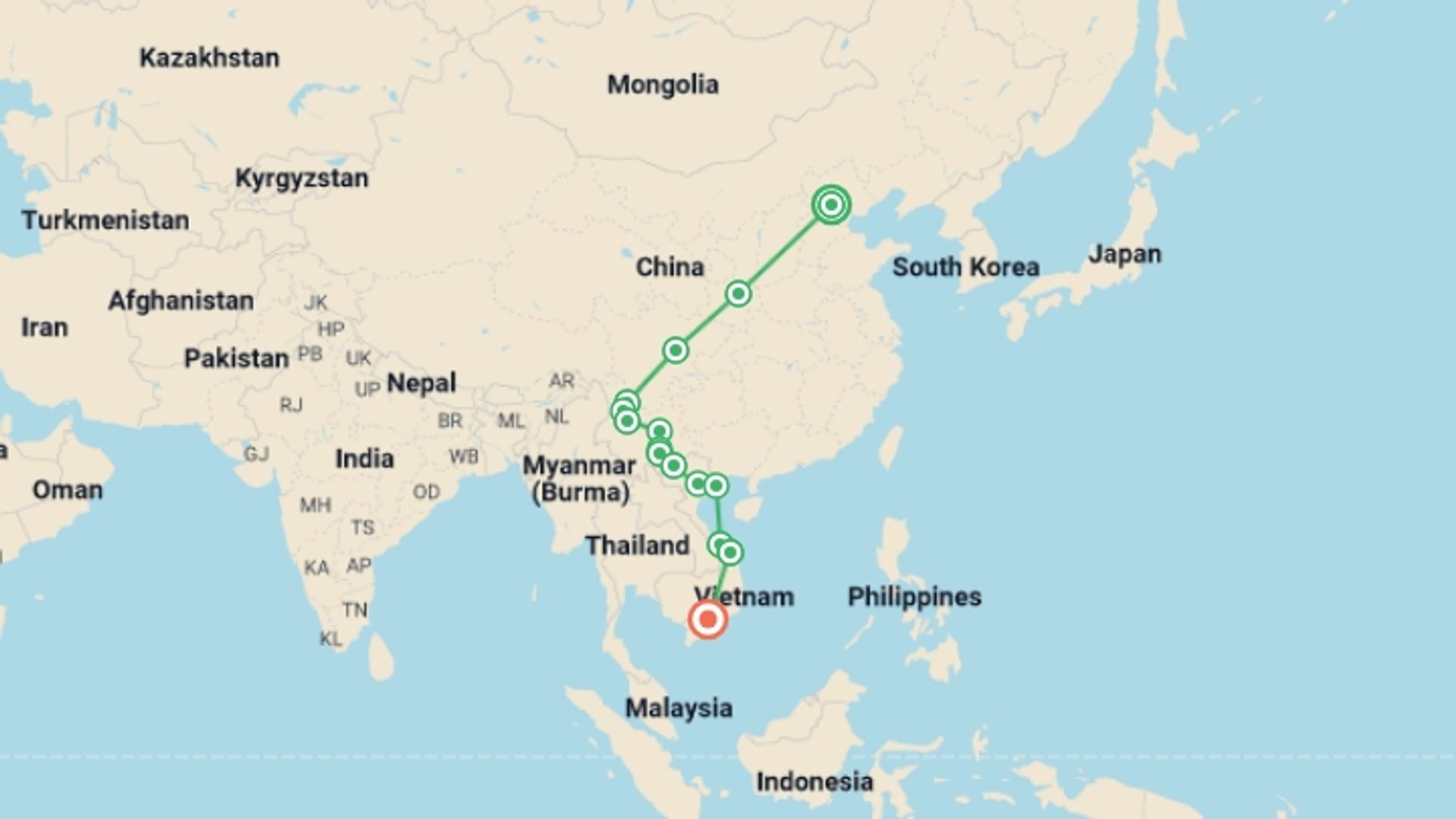 A map showing the tour itinerary for the trip: China & Vietnam: The Great Wall to Ho Chi Minh, starting in Beijing, China and ending in Ho Chi Minh City, Vietnam going through 13 other destinations.