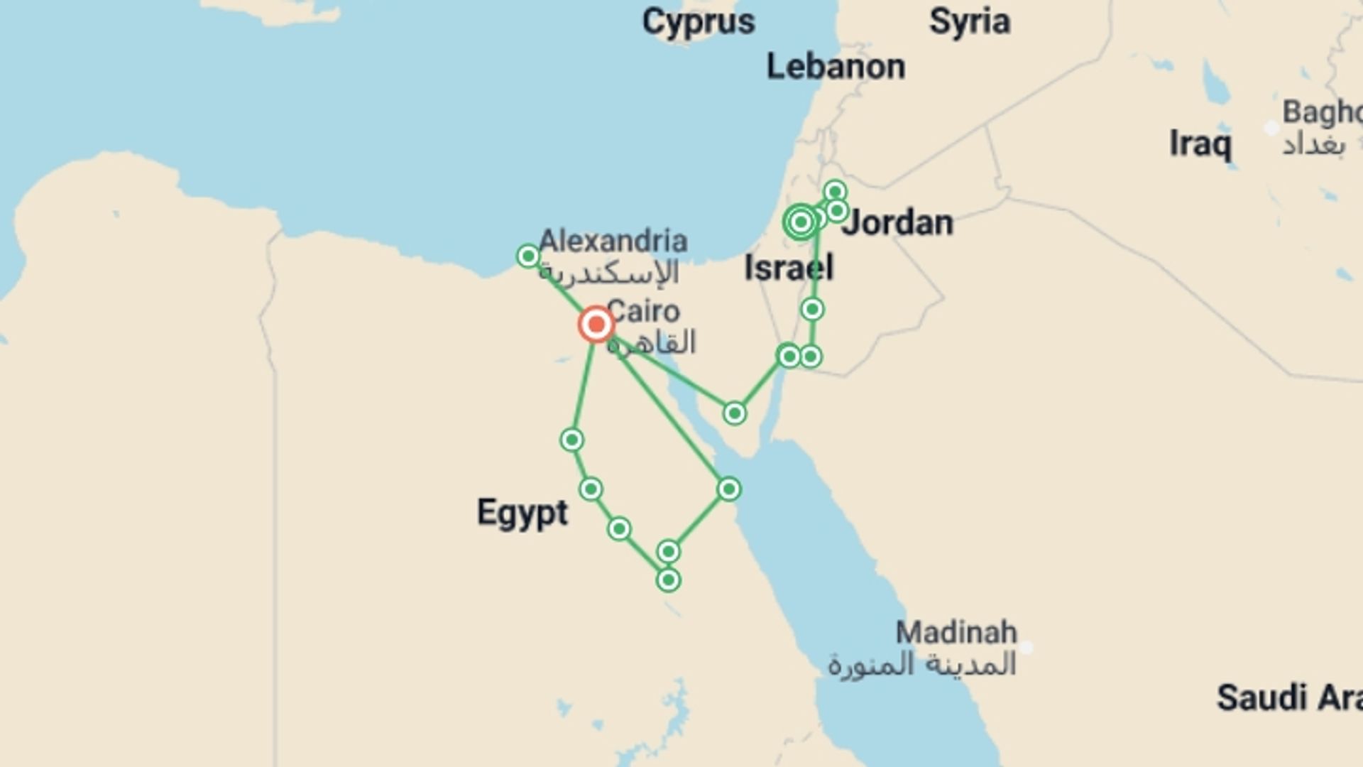 A map showing the tour itinerary for the trip: All Jerusalem, Jordan and Egypt by land, starting in Jerusalem, Israel and ending in Cairo, Egypt going through 10 other destinations.