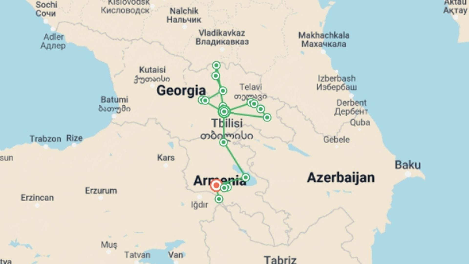 A map showing the tour itinerary for the trip: Georgia & Armenia Small Group Tour, starting in Tbilisi, Georgia and ending in Yerevan, Armenia going through 4 other destinations.