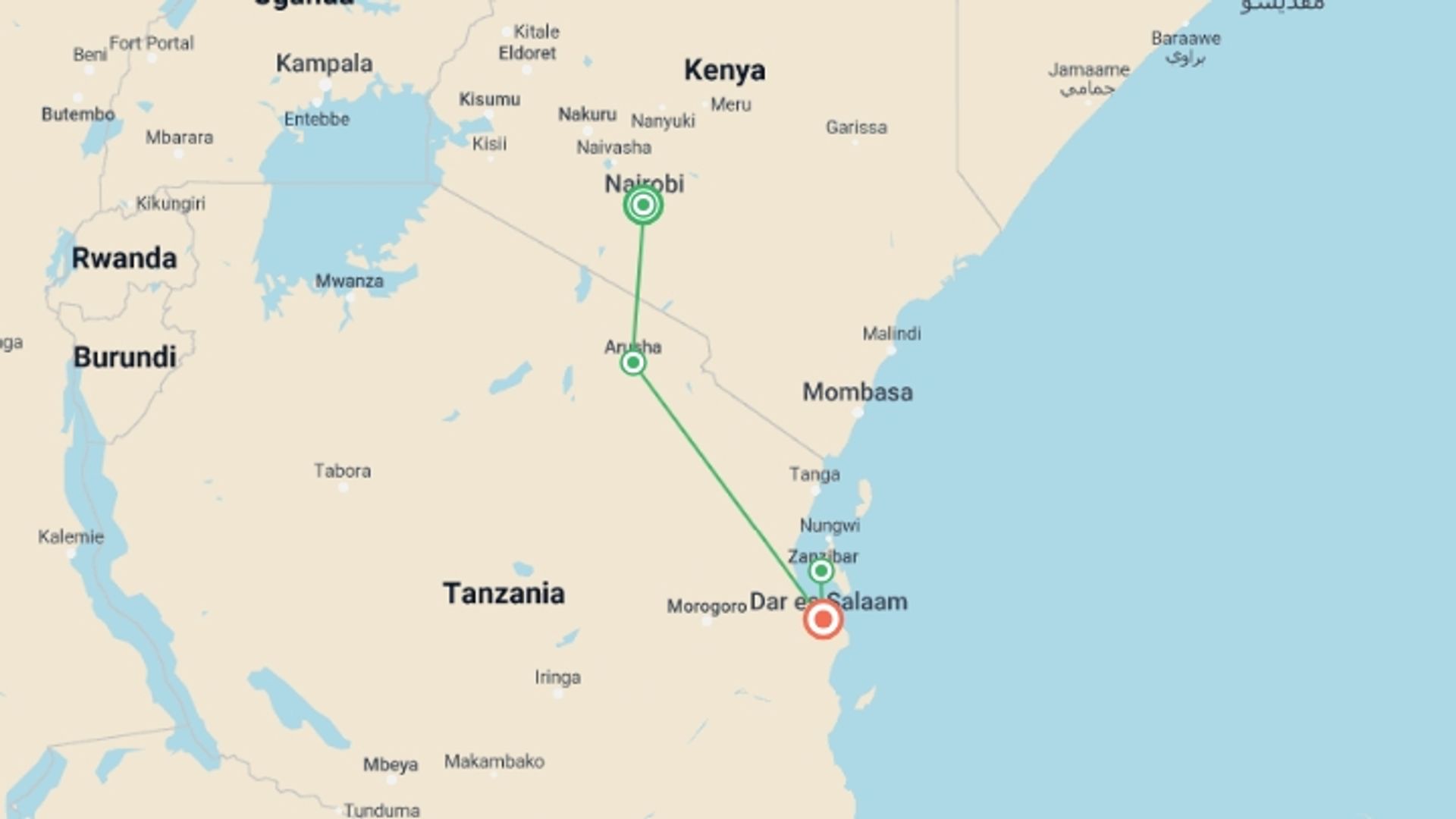 A map showing the tour itinerary for the trip: Nairobi To Dar Es Salaam (14 Days), starting in Nairobi, Kenya and ending in Dar Es Salaam, Tanzania going through 1 other destinations.