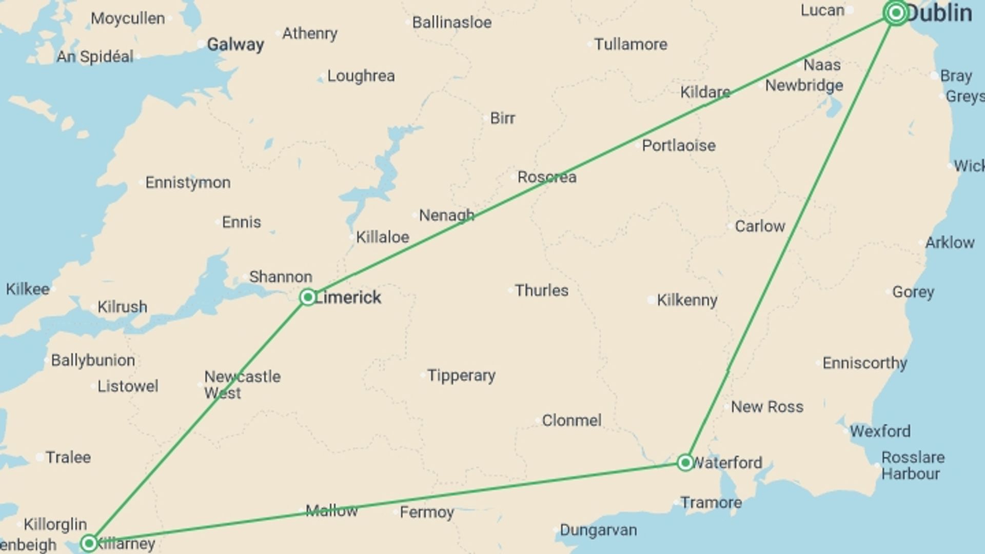 A map showing the tour itinerary for the trip: Irish Highlights, starting in Dublin, Ireland and ending in Dublin, Ireland going through 3 other destinations.