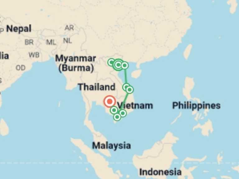 Map of Asia Tour with 10 destination visits for the trip: Walking in Vietnam + Cambodia Highlights