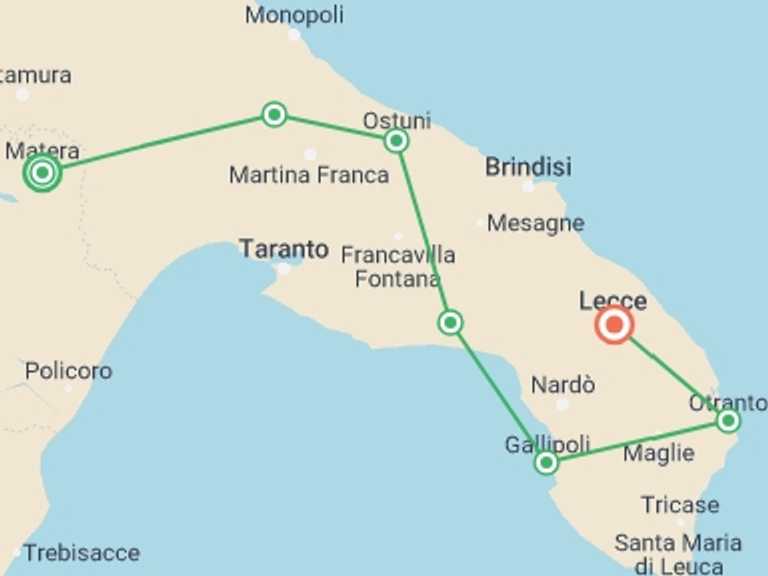 Map of Europe Tour with 8 destination visits for the trip: Cycling Puglia & Matera