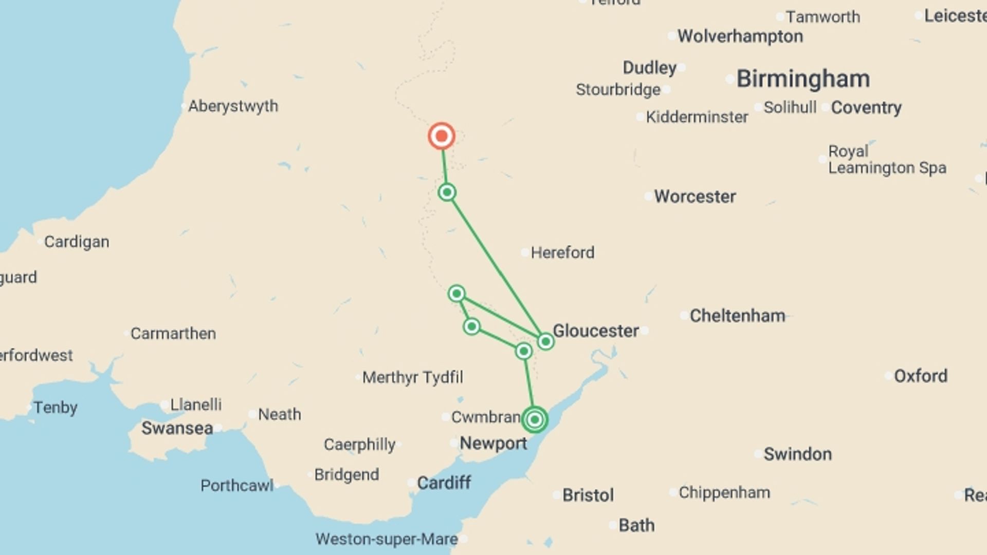 A map showing the tour itinerary for the trip: Offa's Dyke Path, starting in Chepstow, Wales and ending in Knighton, Wales going through 5 other destinations.