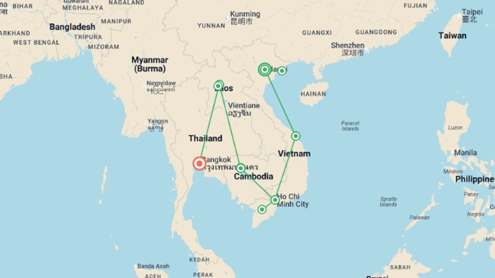 A map showing the tour itinerary for the trip: Kingdoms of Southeast Asia Vietnam, Cambodia, Laos and Thailand, starting in Hanoi, Vietnam and ending in Bangkok, Thailand going through 5 other destinations.