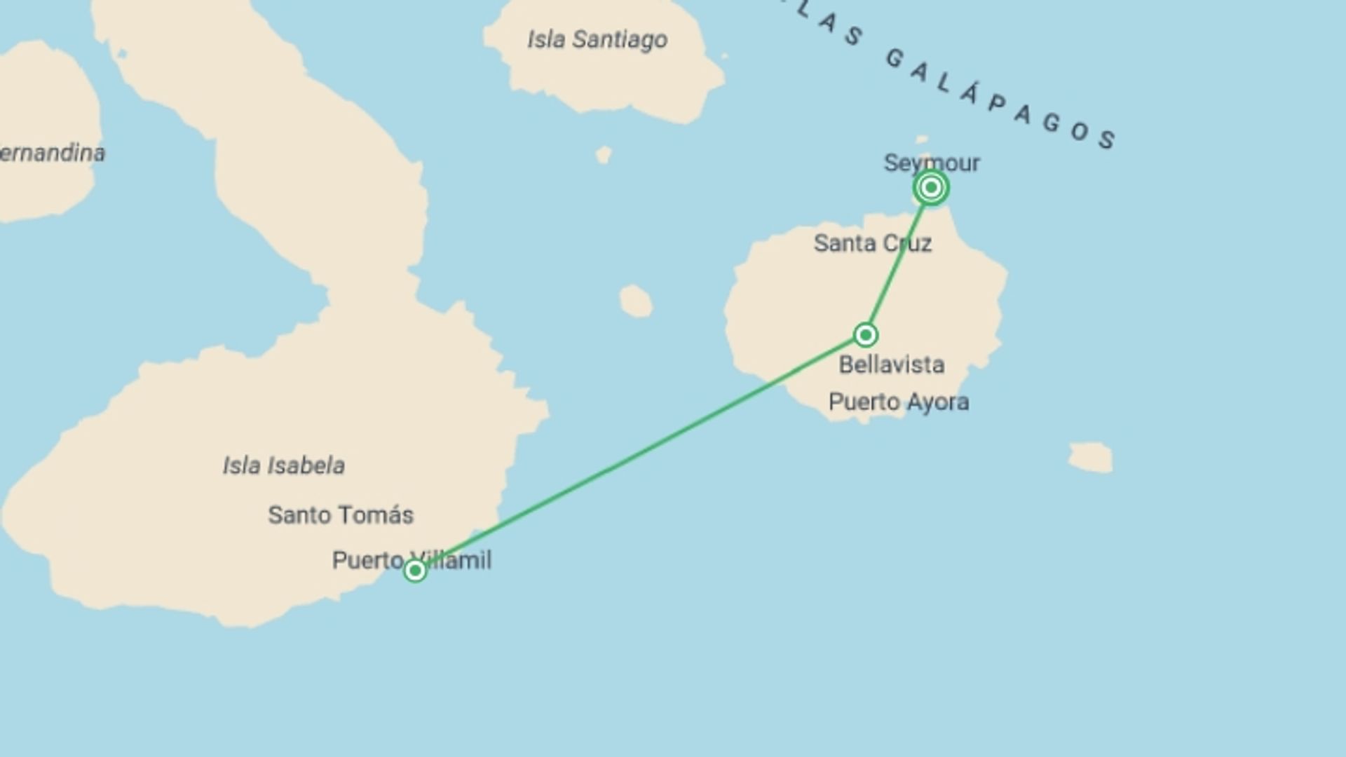 A map showing the tour itinerary for the trip: 5-Day Galapagos Land-based Tour: Santa Cruz & Isabela, starting in Baltra Island, Ecuador and ending in Baltra Island, Ecuador going through 4 other destinations.