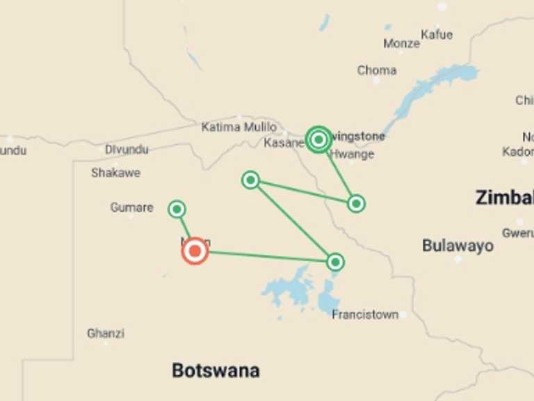 Map of Victoria Falls Explorer Tour with 5 destination visits for the trip: Zimbabwe & Chobe Safari: From Victoria Falls to the Okavango