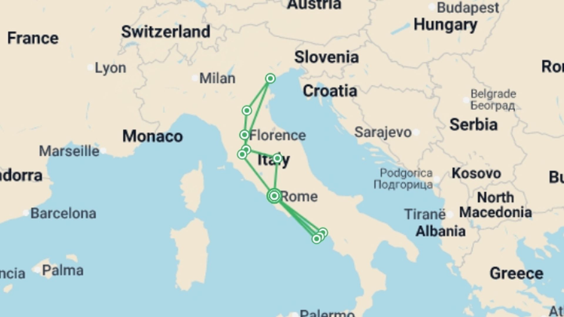 A map showing the tour itinerary for the trip: Italian Discovery, starting in Rome, Italy and ending in Rome, Italy going through 5 other destinations.
