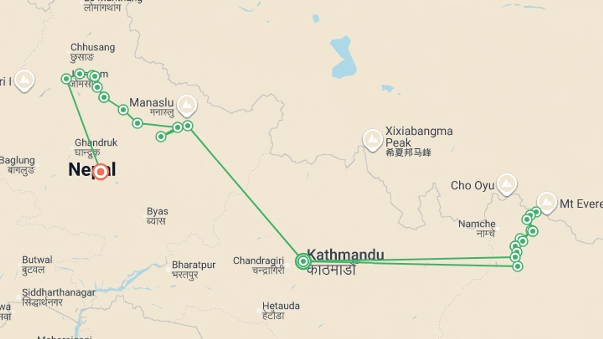 A map showing the tour itinerary for the trip: Everest Base Camp & Annapurna Circuit Trek, starting in Kathmandu, Nepal and ending in Pokhara, Nepal going through 22 other destinations.