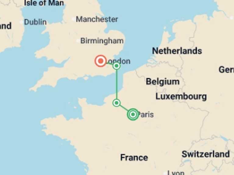 Map itinerary of London Tour in September 2025 with 3 destination visits for the trip: Paris and London