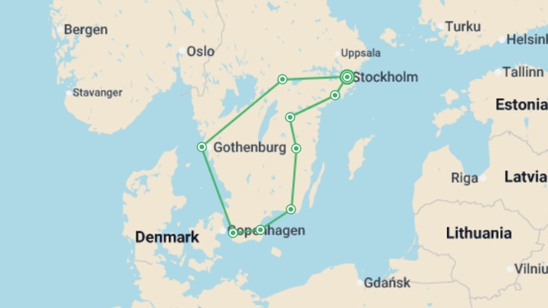 A map showing the tour itinerary for the trip: Sweden Self Drive - 8 days, starting in Stockholm, Sweden and ending in Stockholm, Sweden going through 5 other destinations.