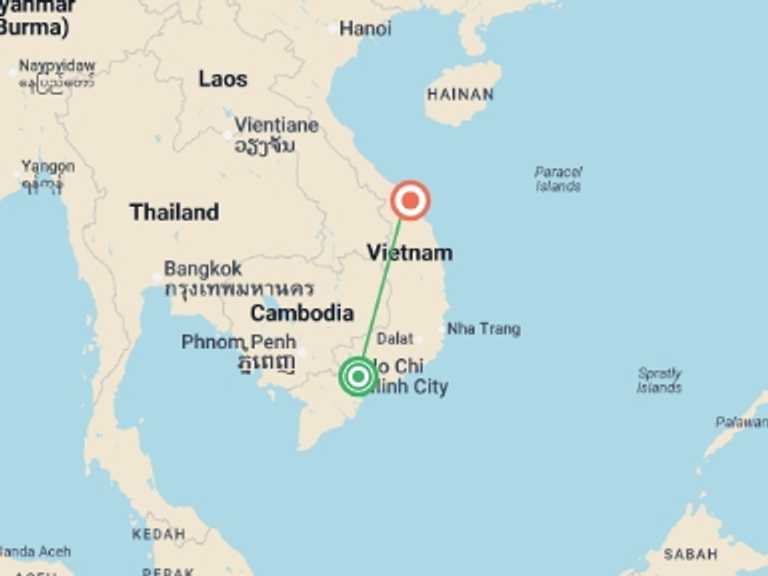 Map itinerary of Vietnam Tour in May 2026 with 3 destination visits for the trip: Saigon & Danang Beach (Superior) - 8 days 