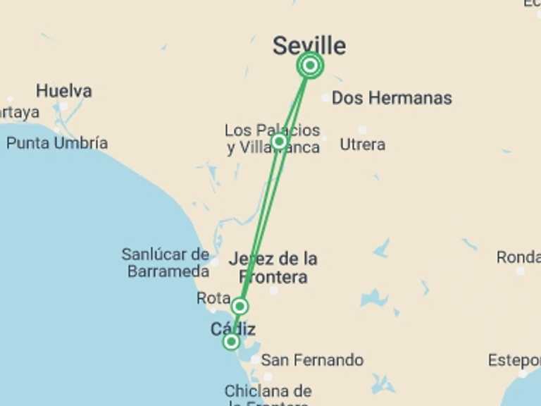 Map itinerary of Seville Tour in Spring with 4 destination visits for the trip: Enchanting Andalusia - Seville Fair Festivities: Tradition, gastronomy and flamenco (port-to-port cruise)