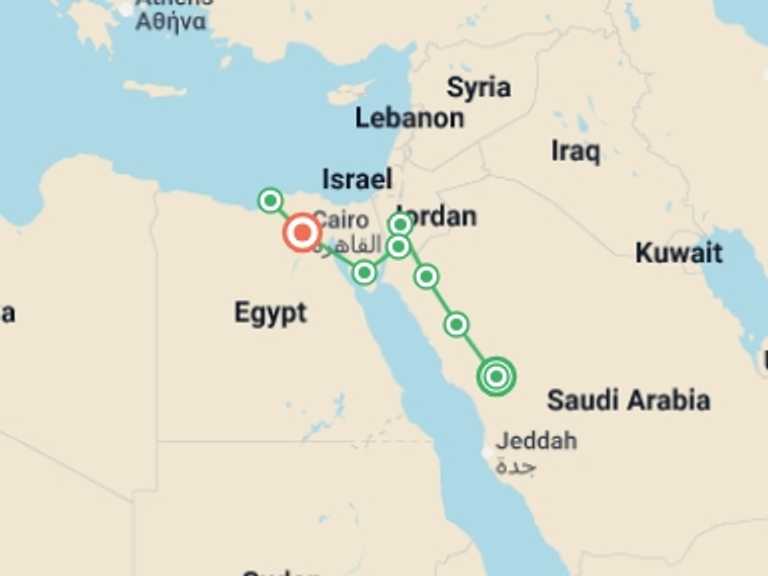 Map of Mediterranean City sightseeing Tour with 8 destination visits for the trip: Contrasts of Arabia, Jordan, Cairo and Alexandria
