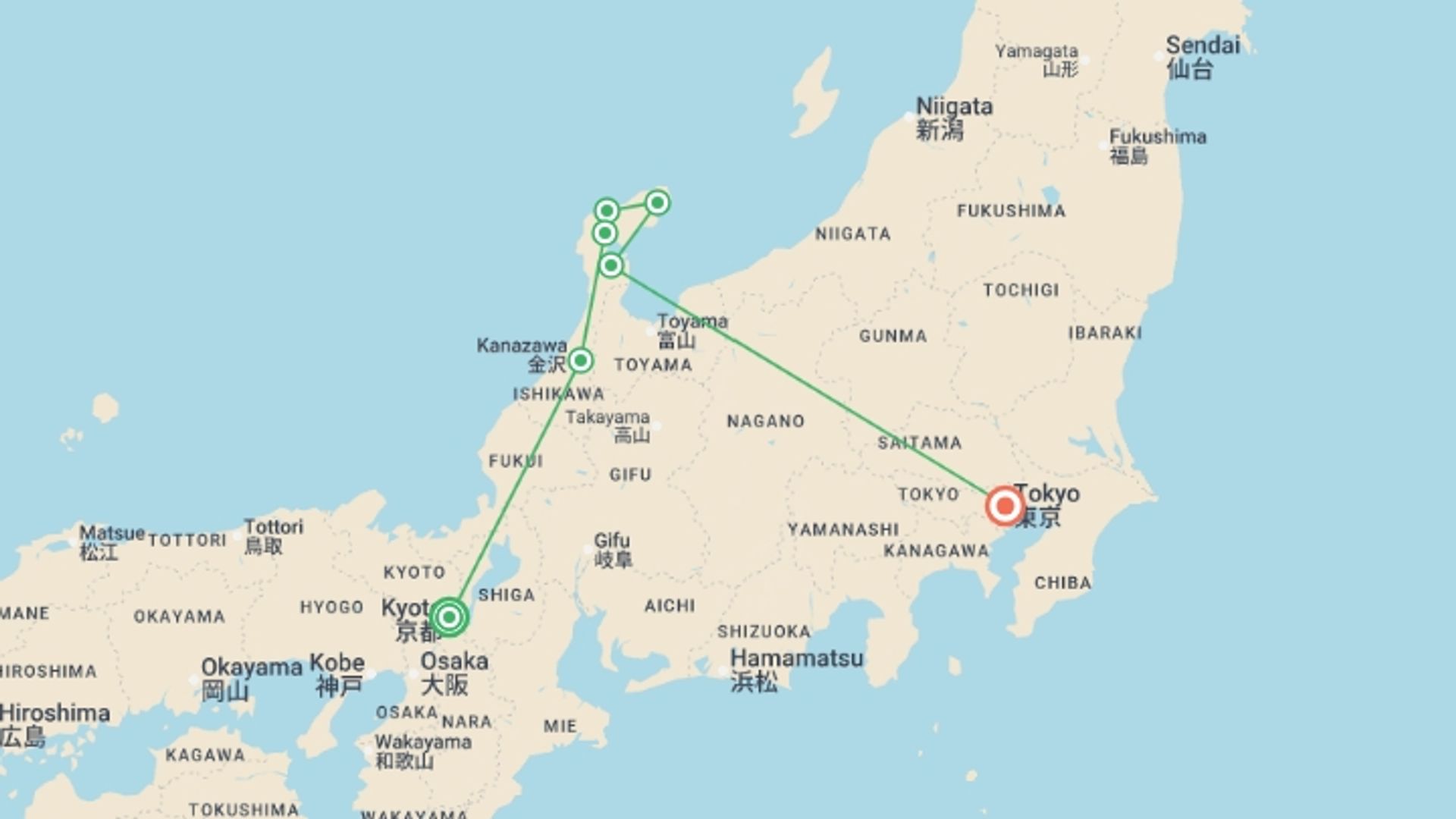 A map showing the tour itinerary for the trip: Cycle Japan, starting in Kyoto, Japan and ending in Tokyo, Japan going through 6 other destinations.