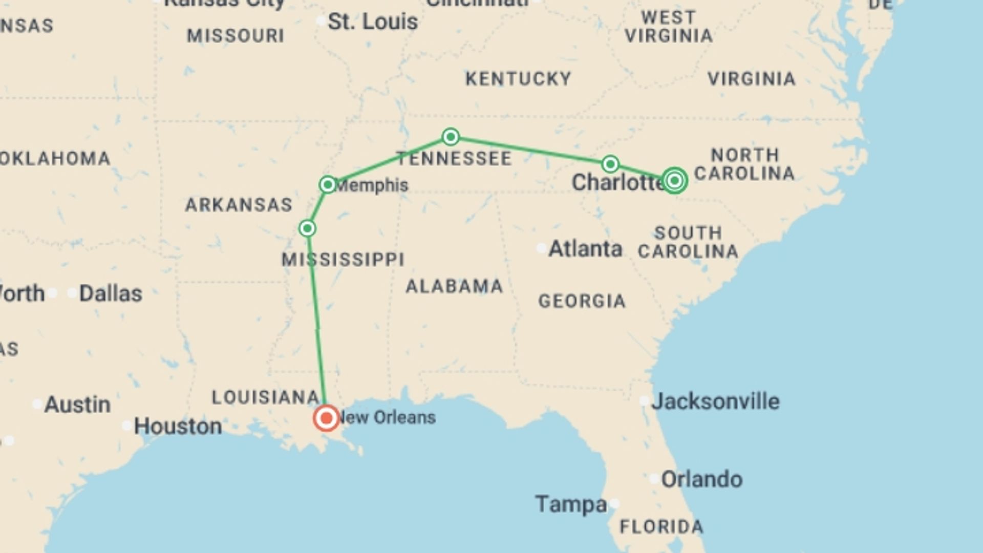 A map showing the tour itinerary for the trip: USA's Deep South - Country & Blues, starting in Charlotte, USA and ending in New Orleans, USA going through 4 other destinations.