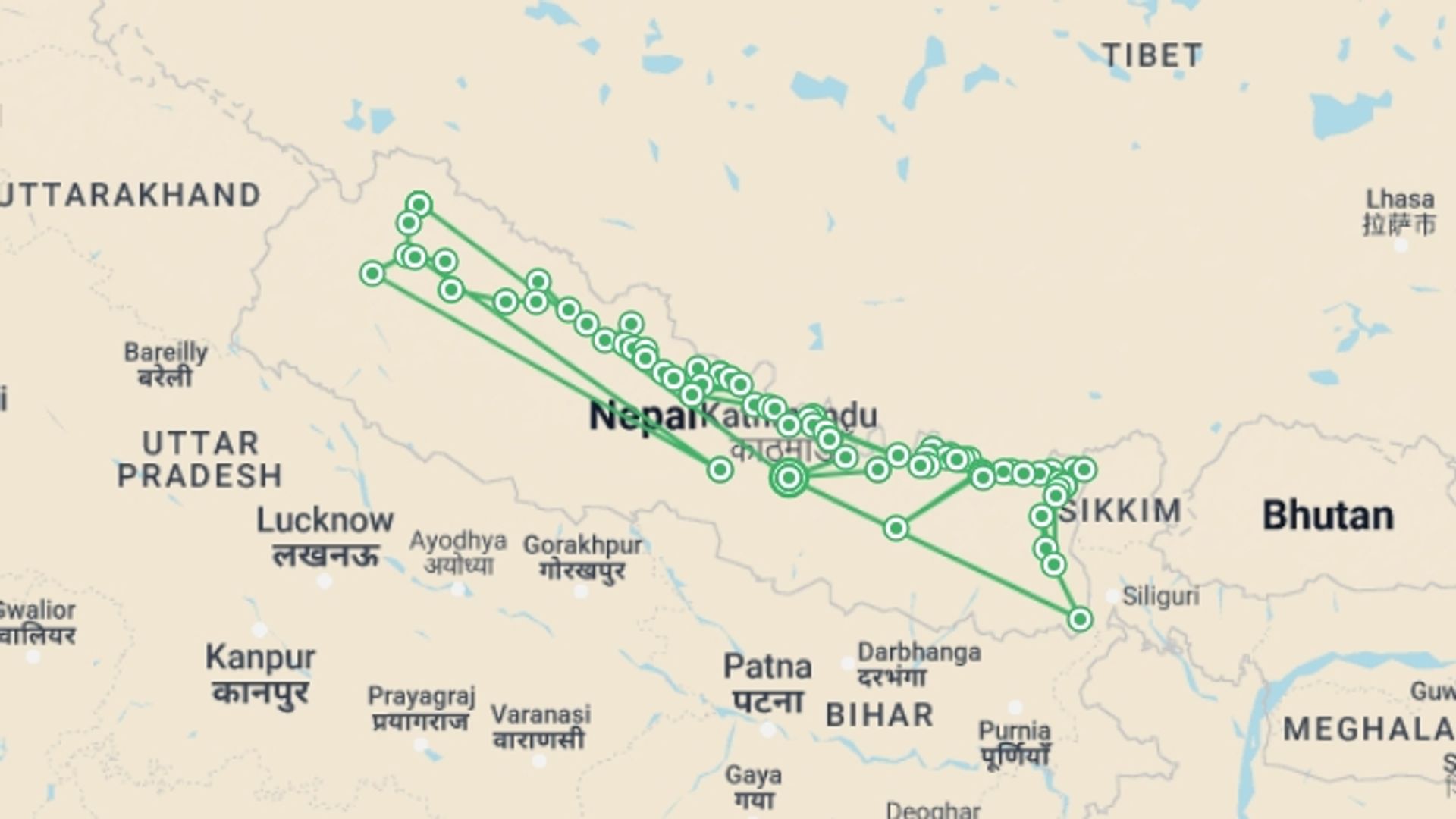A map showing the tour itinerary for the trip: Great Himalaya Trail - The Full Traverse, starting in Kathmandu, Nepal and ending in Kathmandu, Nepal going through 70 other destinations.