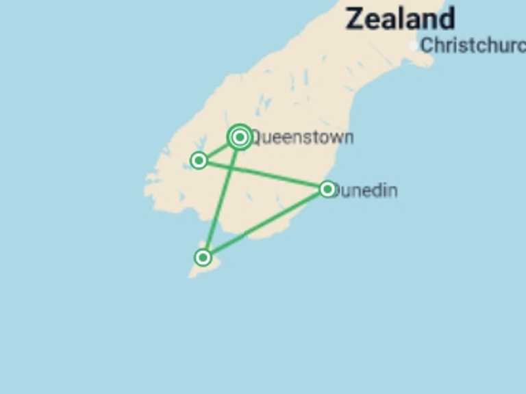 Map itinerary of Oceania Tour in September 2027 with 4 destination visits for the trip: Queenstown Southern Loop