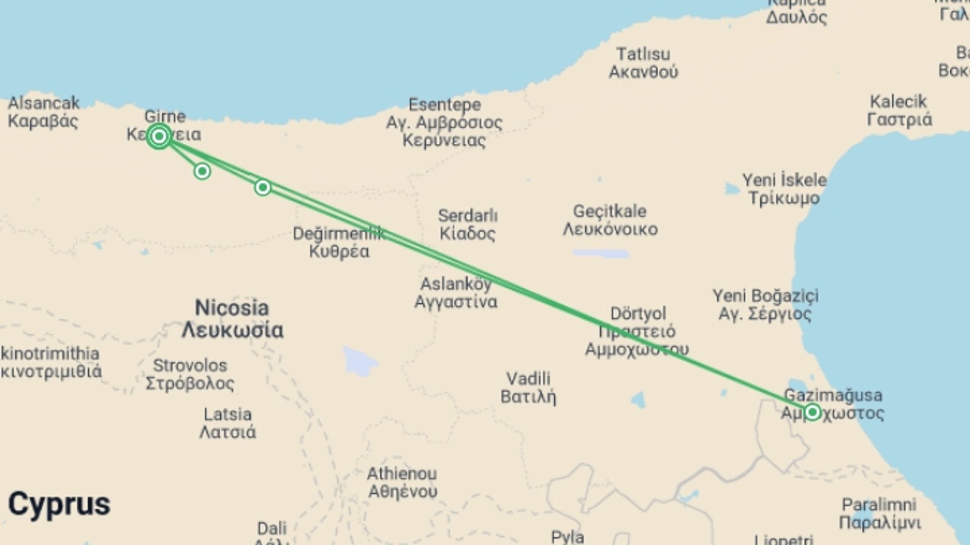 A map showing the tour itinerary for the trip: Walking in Northern Cyprus, starting in Kyrenia, Cyprus and ending in Kyrenia, Cyprus going through 3 other destinations.