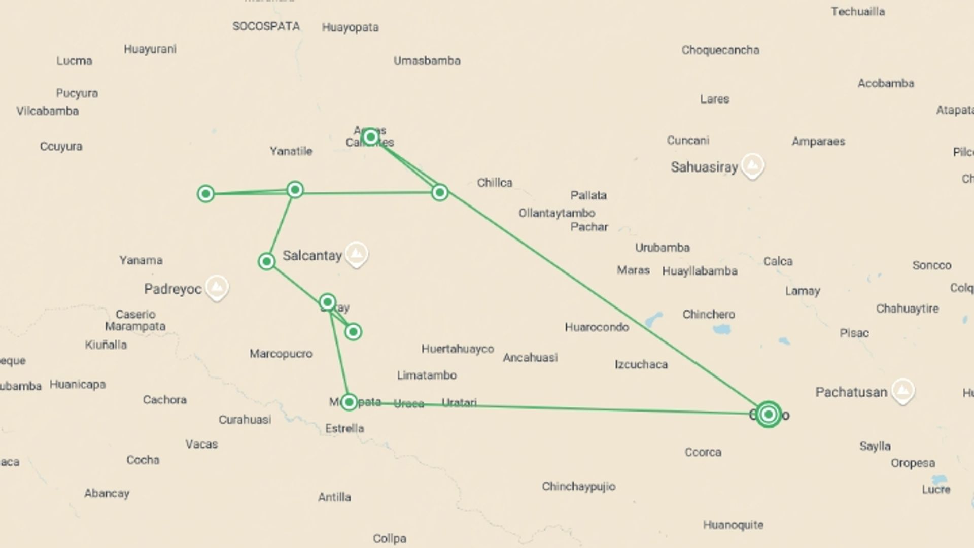 A map showing the tour itinerary for the trip: Five-day Salkantay Trek to Machu Picchu - Group Service, starting in Cusco, Peru and ending in Cusco, Peru going through 4 other destinations.
