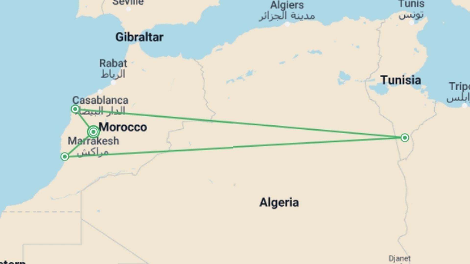 A map showing the tour itinerary for the trip: Moroccan Coast Explorer, starting in Marrakech, Morocco and ending in Marrakech, Morocco going through 3 other destinations.