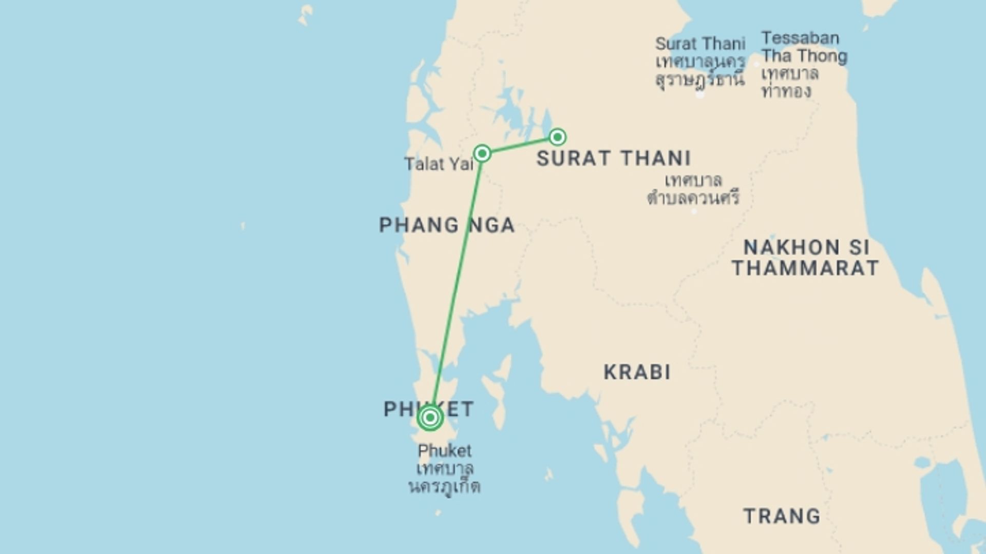 A map showing the tour itinerary for the trip: Khao Sok Discovery, Private Tour, starting in Phuket, Thailand and ending in Phuket, Thailand going through 1 other destinations.