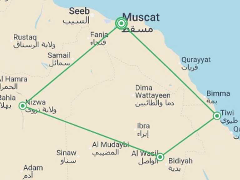 Map itinerary of Asia Tour in May 2026 with 4 destination visits for the trip: Premium Oman Discovery Tour