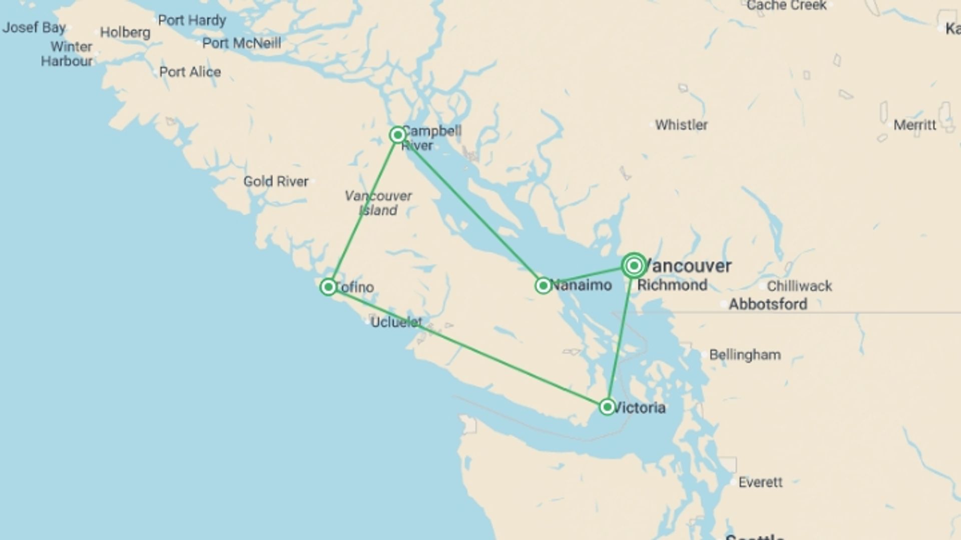 A map showing the tour itinerary for the trip: Vancouver Island Discovery - 8 days, starting in Vancouver, Canada and ending in Vancouver, Canada going through 4 other destinations.