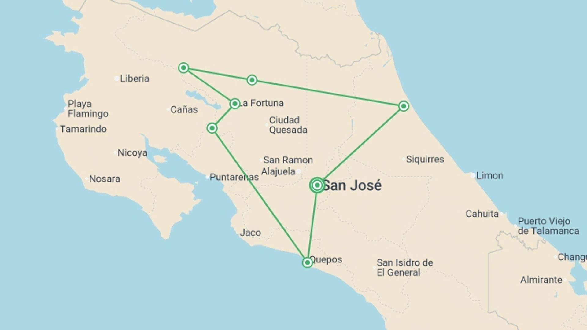 A map showing the tour itinerary for the trip: Classic Costa Rica, starting in San Jose, Costa Rica and ending in San Jose, Costa Rica going through 9 other destinations.
