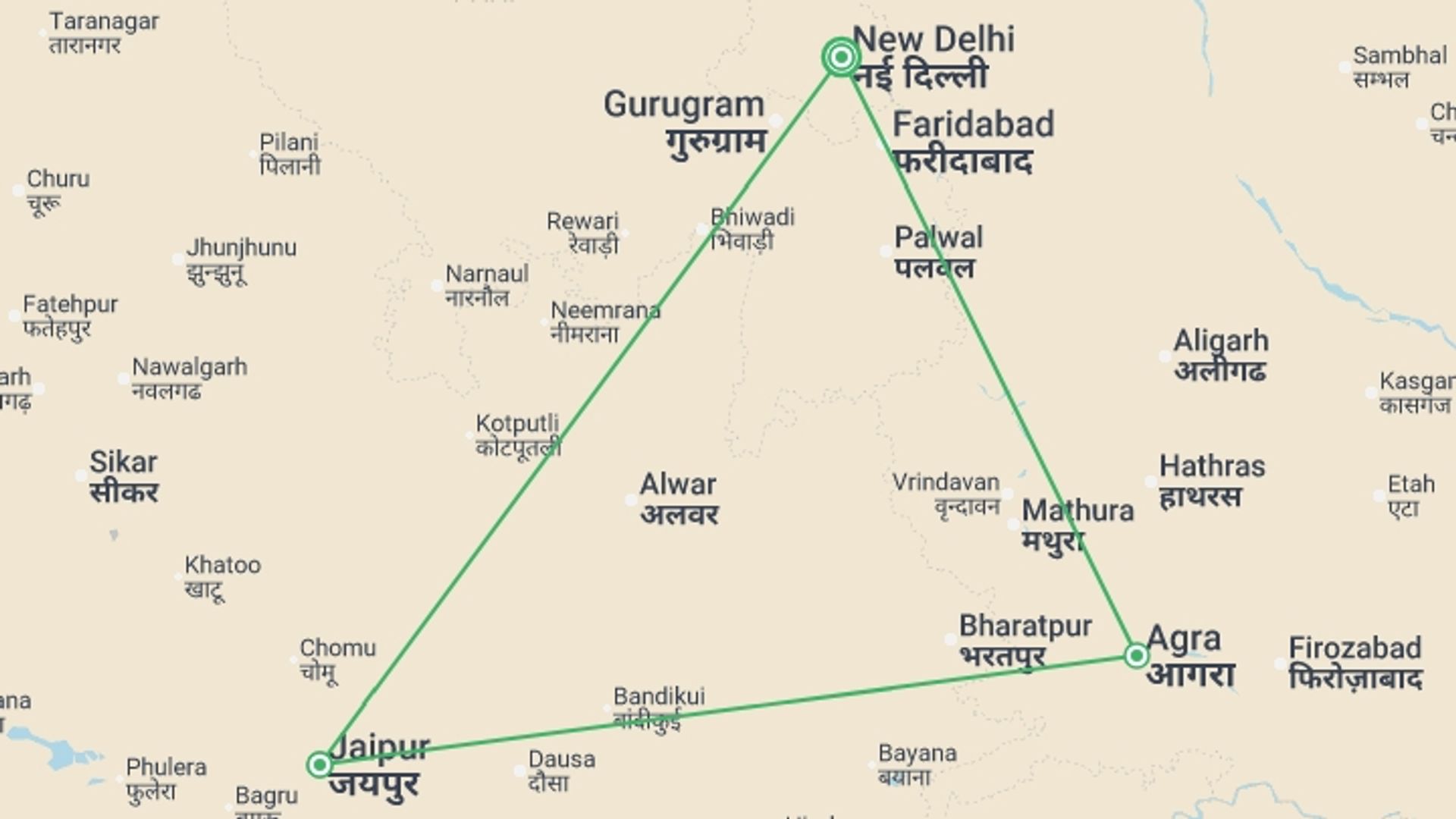 A map showing the tour itinerary for the trip: Delhi, Taj & Pink City - 5 days, starting in New Delhi, India and ending in New Delhi, India going through 2 other destinations.