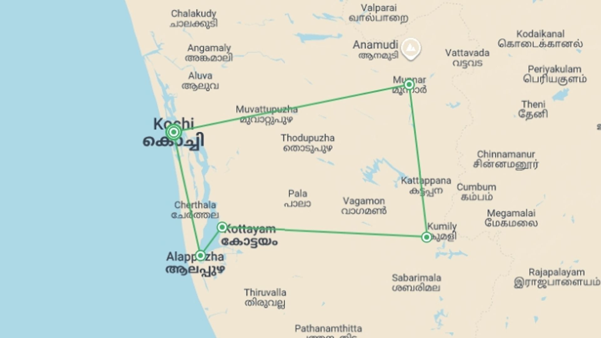A map showing the tour itinerary for the trip: Kerala Backwaters & Hillstations, starting in Kochi, India and ending in Kochi, India going through 5 other destinations.