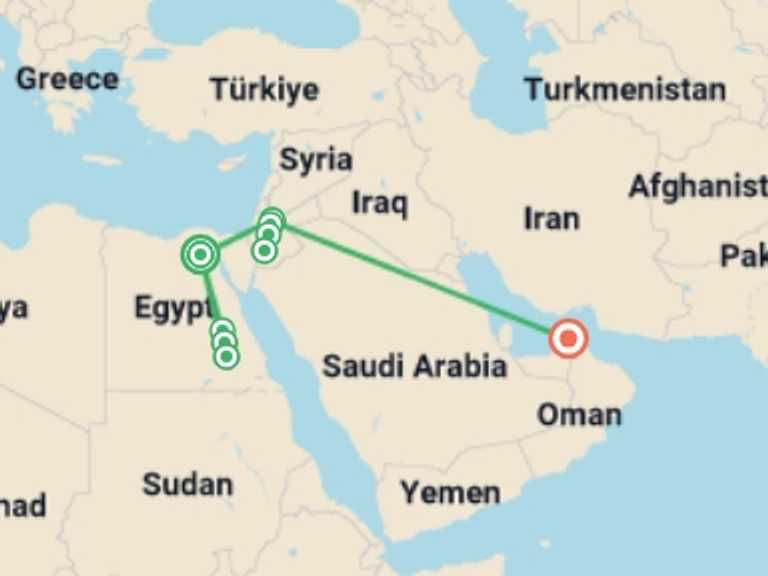 Map of 15-Day Luxor Tour with 7 destination visits for the trip: Highlights of Egypt Jordan and Dubai