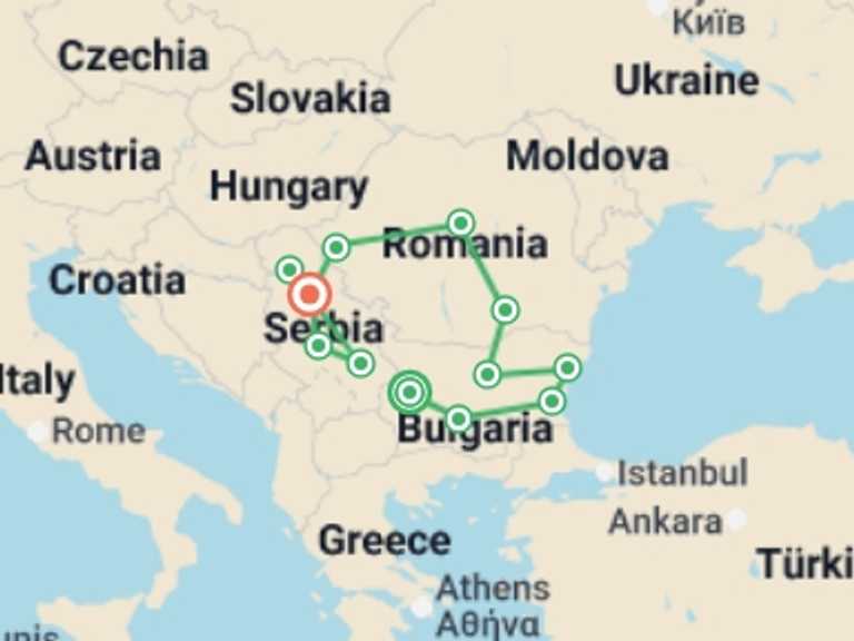 Map of Europe Tour with 12 destination visits for the trip: Wonders of Bulgaria, Romania, and Serbia