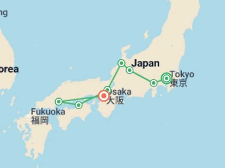 Map itinerary of Japan Tour in Fall with 8 destination visits for the trip: Splendours of Japan