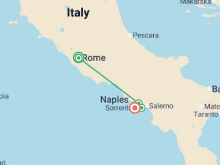 Map itinerary of Mediterranean Tour in March 2027 with 5 destination visits for the trip: Rome, Sorrento and the Amalfi Coast