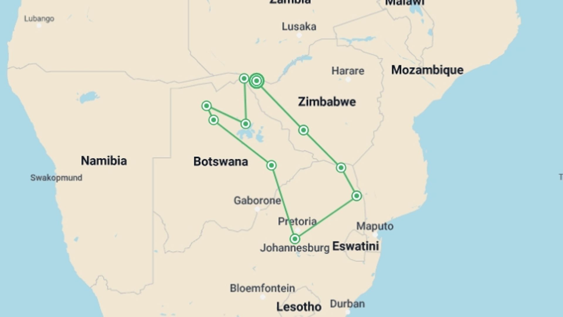 A map showing the tour itinerary for the trip: Zimbabwe, Botswana, South Africa Overland Safari & Participation Camping, starting in Victoria Falls, Zimbabwe and ending in Victoria Falls, Zimbabwe going through 9 other destinations.
