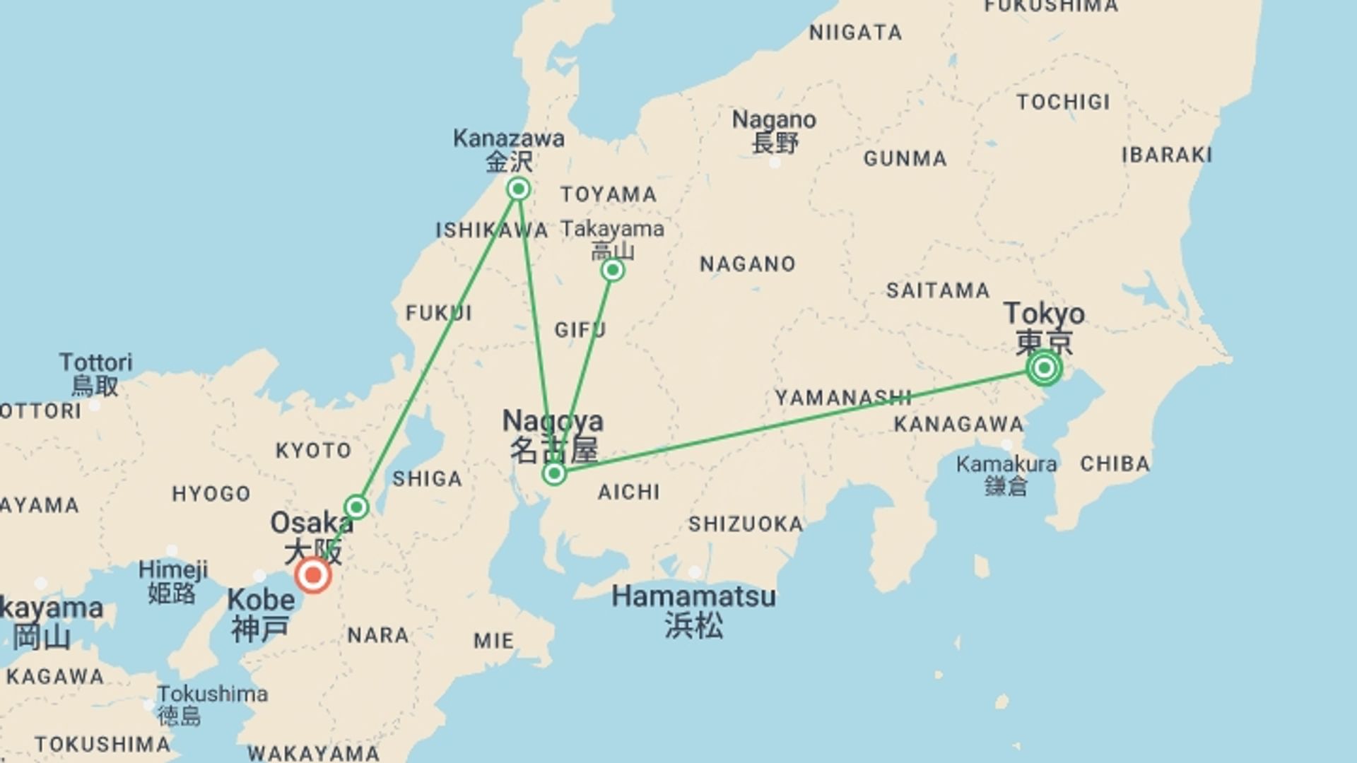 A map showing the tour itinerary for the trip: 12-Day Japan Tradition and Culture Tour, starting in Tokyo, Japan and ending in Osaka, Japan going through 5 other destinations.