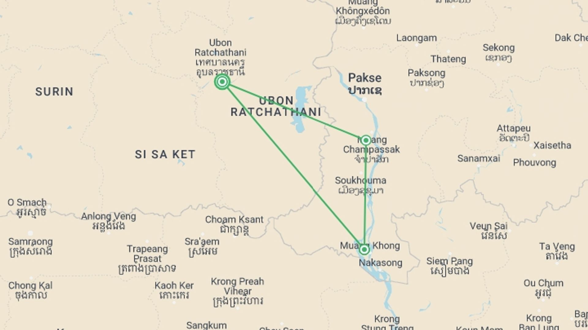 A map showing the tour itinerary for the trip: Southern Laos by Bicycle, starting in Ubon Ratchatani, Thailand and ending in Ubon Ratchatani, Thailand going through 3 other destinations.