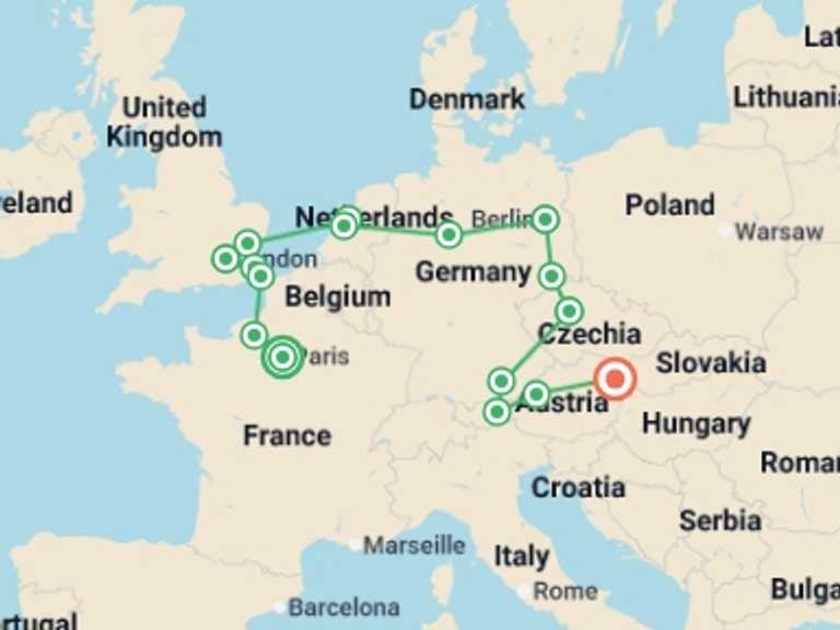 Map of a City sightseeing Tour with 10 destination visits for the trip: Paris and Imperial Capitals