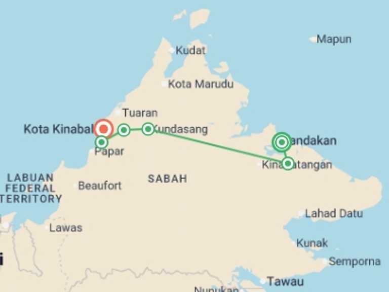 Map itinerary of Sandakan Tour in April 2027 with 6 destination visits for the trip: Real Borneo